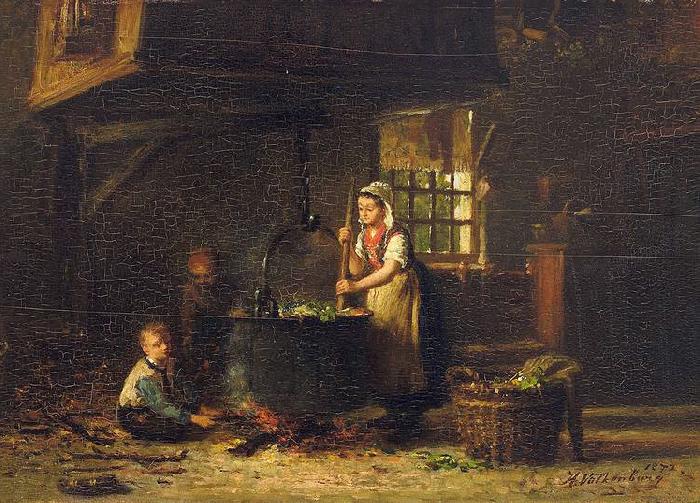 Hendrik Valkenburg An old kitchen with a mother and two children at the cauldron